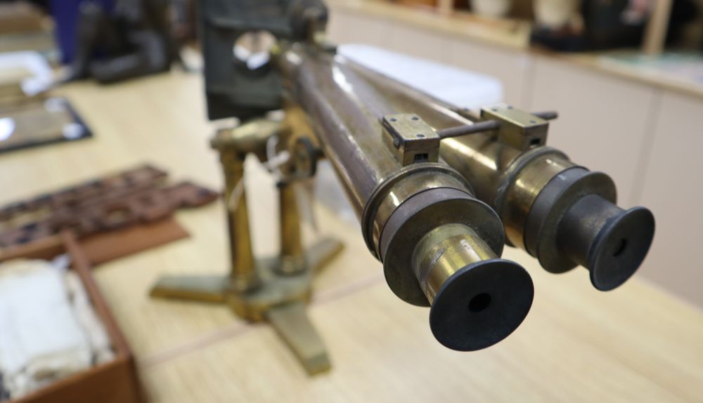 A mid-19th century Smith & Beck binocular microscope, 16 Coleman St, London, with accessories, H 60cm